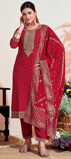 Festive, Party Wear Red and Maroon color Salwar Kameez in Art Silk fabric with Straight Embroidered, Thread, Zari work : 1948618