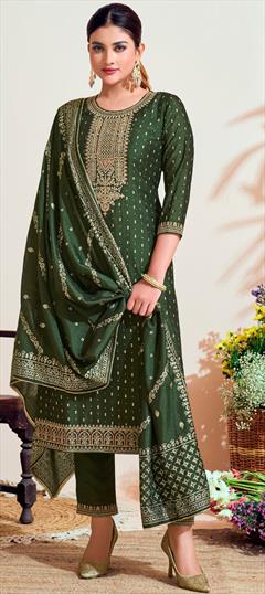 Festive, Party Wear Green color Salwar Kameez in Art Silk fabric with Straight Embroidered, Thread, Zari work : 1948619