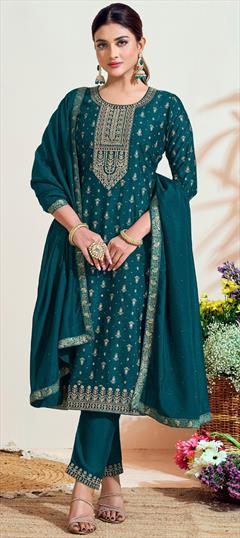 Festive, Party Wear Blue color Salwar Kameez in Art Silk fabric with Straight Embroidered, Thread, Zari work : 1948622
