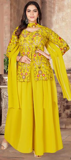 Engagement, Mehendi Sangeet, Reception Yellow color Salwar Kameez in Georgette fabric with Palazzo Embroidered, Resham, Sequence, Thread work : 1948631