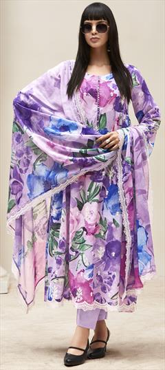 Festive, Party Wear Purple and Violet color Salwar Kameez in Linen fabric with A Line, Pakistani Embroidered, Floral, Lace, Printed work : 1948648