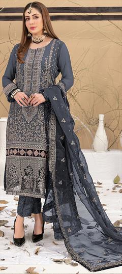 Festive, Reception Black and Grey color Salwar Kameez in Georgette fabric with Pakistani Embroidered, Thread work : 1948657
