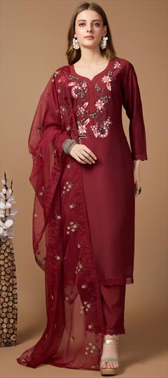 Festive, Party Wear, Reception Red and Maroon color Salwar Kameez in Art Silk fabric with Straight Bugle Beads, Cut Dana, Embroidered, Thread work : 1948661