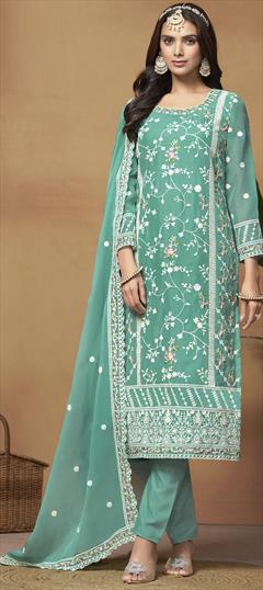 Festive, Reception Green color Salwar Kameez in Organza Silk fabric with Straight Embroidered, Resham, Thread work : 1948673