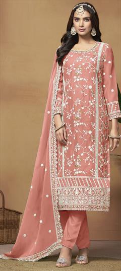 Reception Pink and Majenta color Salwar Kameez in Organza Silk fabric with Straight Embroidered, Resham, Thread work : 1948675