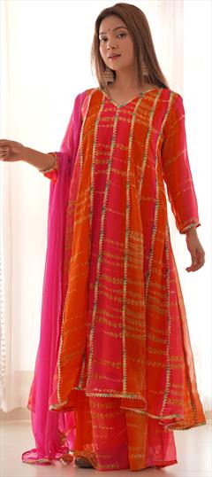 Designer, Reception Pink and Majenta color Salwar Kameez in Georgette fabric with Anarkali, Palazzo Lace, Printed, Tye n Dye work : 1948683