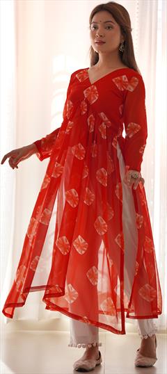 Designer, Reception Red and Maroon color Salwar Kameez in Georgette fabric with Printed, Tye n Dye work : 1948688