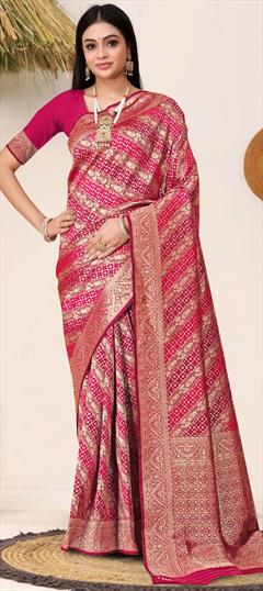 Party Wear, Traditional Pink and Majenta color Saree in Banarasi Silk fabric with South Weaving work : 1948710