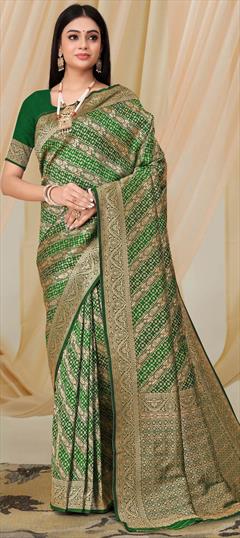 Party Wear, Traditional Green color Saree in Banarasi Silk fabric with South Weaving work : 1948713