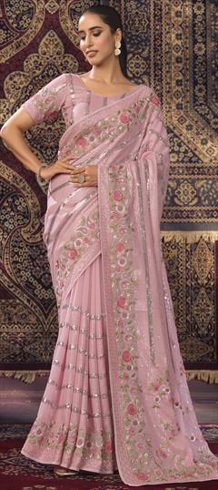Engagement, Reception, Wedding Pink and Majenta color Saree in Georgette fabric with Classic Sequence, Thread, Zari, Zircon work : 1948714