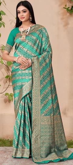 Party Wear, Traditional Green color Saree in Banarasi Silk fabric with South Weaving work : 1948716