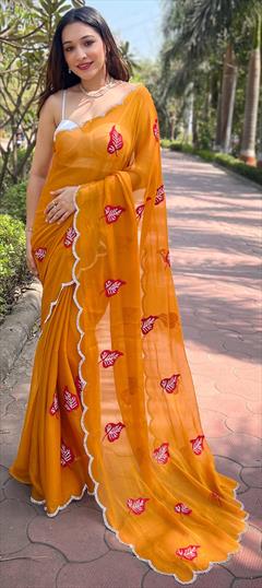 Festive, Party Wear, Reception Yellow color Saree in Chiffon fabric with Classic Embroidered, Stone, Thread work : 1948722
