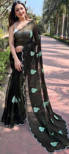 Festive, Party Wear, Reception Black and Grey color Saree in Chiffon fabric with Classic Embroidered, Stone, Thread work : 1948723