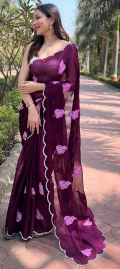 Festive, Party Wear, Reception Purple and Violet color Saree in Chiffon fabric with Classic Embroidered, Stone, Thread work : 1948727