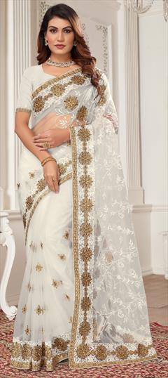 Festive, Reception White and Off White color Saree in Net fabric with Classic Embroidered, Resham, Stone, Thread, Zari work : 1948733