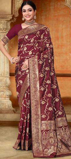 Party Wear, Traditional Red and Maroon color Saree in Banarasi Silk fabric with South Weaving work : 1948734