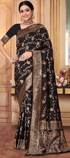 Party Wear, Traditional Black and Grey color Saree in Banarasi Silk fabric with South Weaving work : 1948738