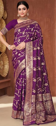 Party Wear, Traditional Purple and Violet color Saree in Banarasi Silk fabric with South Weaving work : 1948741