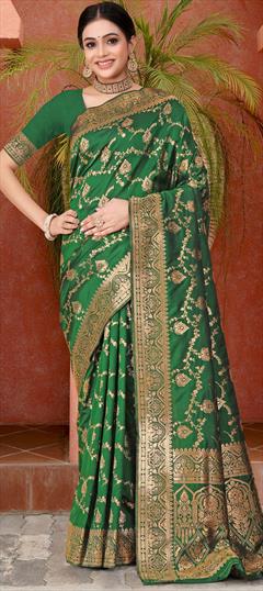 Party Wear, Traditional Green color Saree in Banarasi Silk fabric with South Weaving work : 1948742