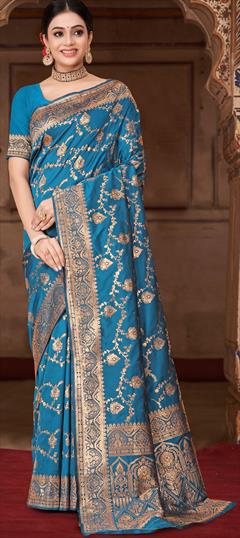 Party Wear, Traditional Blue color Saree in Banarasi Silk fabric with South Weaving work : 1948744