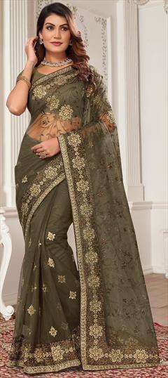 Festive, Reception Green color Saree in Net fabric with Classic Embroidered, Resham, Stone, Thread, Zari work : 1948747
