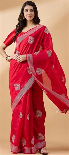 Festive, Traditional Red and Maroon color Saree in Blended Cotton fabric with Bengali Embroidered, Thread work : 1948758