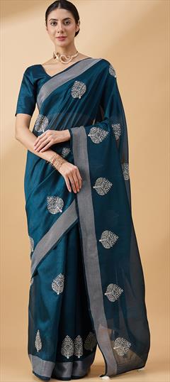 Festive, Traditional Blue color Saree in Blended Cotton fabric with Bengali Embroidered, Thread work : 1948760