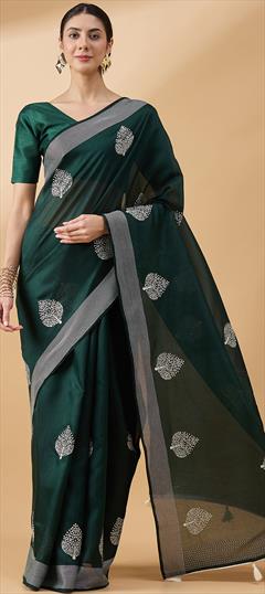 Festive, Traditional Green color Saree in Blended Cotton fabric with Bengali Embroidered, Thread work : 1948761