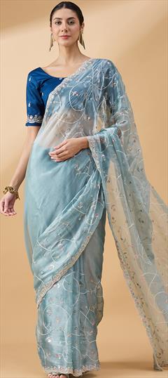 Festive, Traditional Blue color Saree in Organza Silk fabric with Classic Embroidered, Sequence, Thread work : 1948762