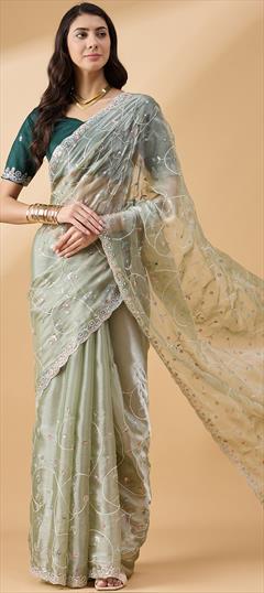 Festive, Traditional Green color Saree in Organza Silk fabric with Classic Embroidered, Sequence, Thread work : 1948764
