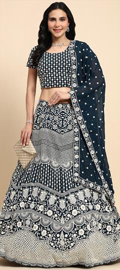 Bridal, Reception, Wedding Blue color Ready to Wear Lehenga in Georgette fabric with Flared Embroidered, Thread work : 1948765