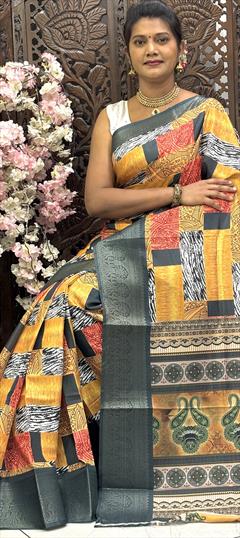 Party Wear, Traditional Yellow color Saree in Art Silk fabric with South Digital Print work : 1948832