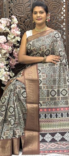 Party Wear, Traditional Black and Grey, White and Off White color Saree in Art Silk fabric with South Digital Print work : 1948835
