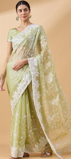 Party Wear, Traditional Green color Saree in Tissue fabric with South Embroidered, Sequence work : 1948836