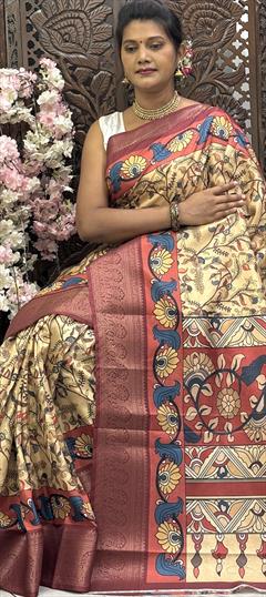 Party Wear, Traditional Gold color Saree in Art Silk fabric with South Digital Print work : 1948837
