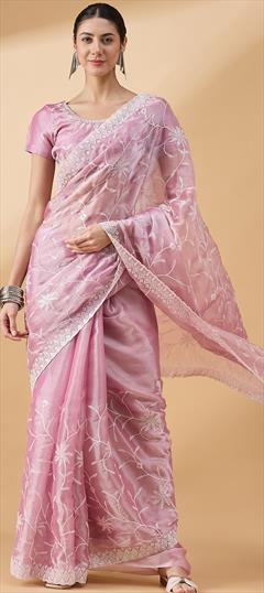 Party Wear, Traditional Pink and Majenta color Saree in Tissue fabric with South Embroidered, Sequence work : 1948840