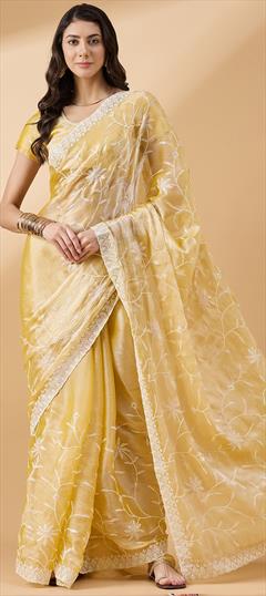 Party Wear, Traditional Yellow color Saree in Tissue fabric with South Embroidered, Sequence work : 1948842