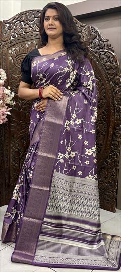 Casual, Traditional Purple and Violet color Saree in Art Silk fabric with South Digital Print, Floral work : 1948874