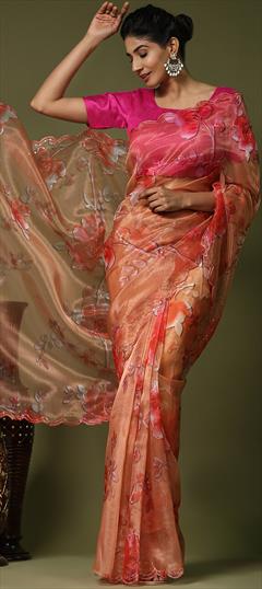 Festive, Traditional Orange color Saree in Organza Silk fabric with Classic Digital Print, Floral, Sequence work : 1948899