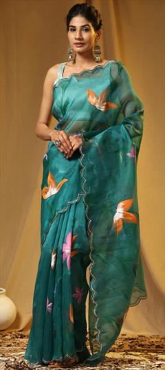 Festive, Traditional Green color Saree in Organza Silk fabric with Classic Digital Print, Floral, Sequence work : 1948901