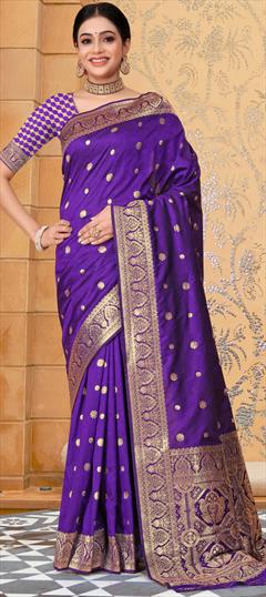 Festive, Traditional Blue color Saree in Banarasi Silk fabric with South Weaving work : 1948912