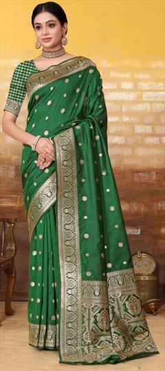 Festive, Traditional Green color Saree in Banarasi Silk fabric with South Weaving work : 1948917
