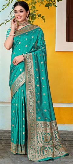 Festive, Traditional Green color Saree in Banarasi Silk fabric with South Weaving work : 1948918