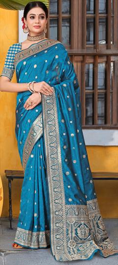 Festive, Traditional Blue color Saree in Banarasi Silk fabric with South Weaving work : 1948919