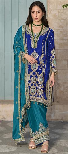 Festive, Reception, Wedding Blue color Salwar Kameez in Art Silk fabric with Pakistani Embroidered, Sequence, Thread, Zari work : 1948939