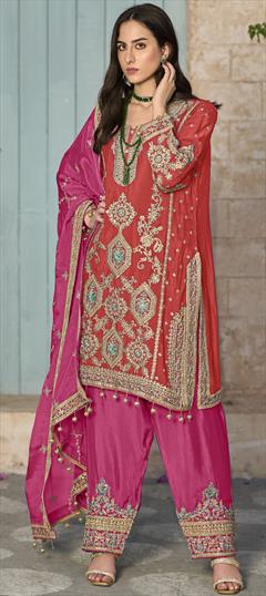 Festive, Reception, Wedding Red and Maroon color Salwar Kameez in Art Silk fabric with Pakistani Embroidered, Sequence, Thread, Zari work : 1948941