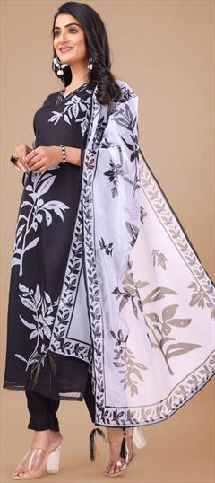 Festive, Reception Black and Grey color Salwar Kameez in Organza Silk fabric with Straight Printed, Sequence work : 1948946