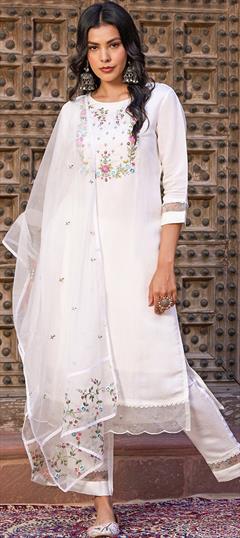 Festive, Reception White and Off White color Salwar Kameez in Organza Silk fabric with Straight Embroidered, Thread work : 1948950