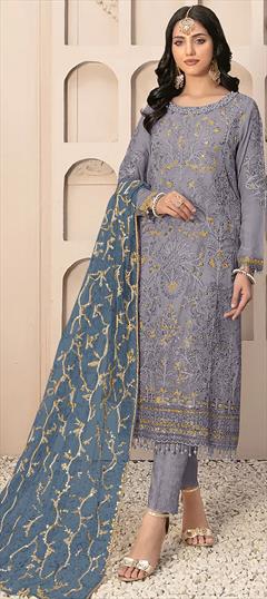 Festive, Party Wear, Reception Black and Grey color Salwar Kameez in Faux Georgette fabric with Straight Embroidered, Resham, Thread work : 1948953