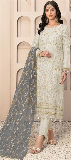 Festive, Party Wear, Reception White and Off White color Salwar Kameez in Faux Georgette fabric with Straight Embroidered, Resham, Thread work : 1948957
